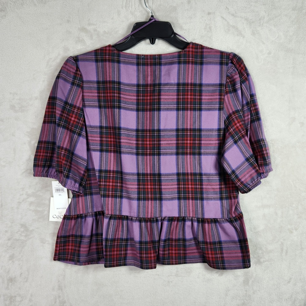 CeCe‎ Peplum Top Womens Large Violet Plaid Velvet Bow Short Puff Sleeve Preppy - Picture 2 of 8